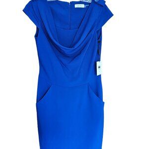 Calvin Klein Beautiful, Vibrant Cobalt Blue Dress. Draped Neckline Size 4 NWT